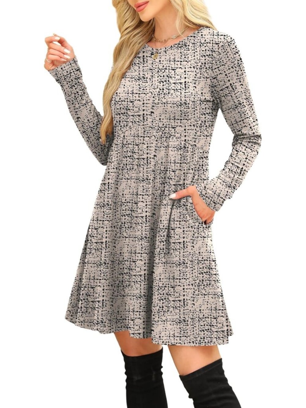 Women's Beige Plaid Long Sleeve Comfort Crew Neck Empire Waist Tunic Mini Dress - Picture 4 of 5